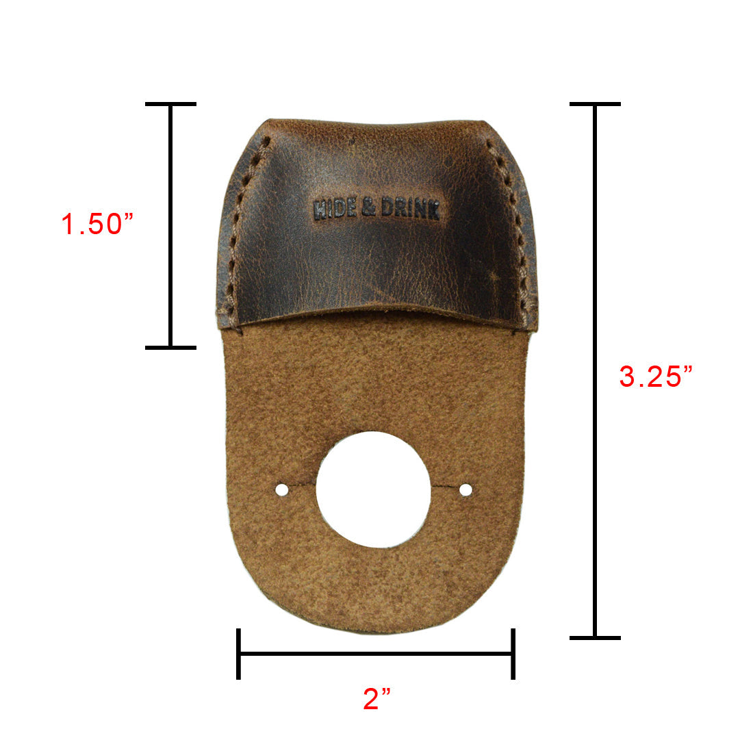 A measurement guide for the Hide & Drink Thumb Guard, emphasizing its dimensions and leather quality. This Finger Protector, an essential in carpentry, is meticulously crafted from Full Grain Leather. Artfully handmade in small batches, it showcases the superior craftsmanship from Guatemala.