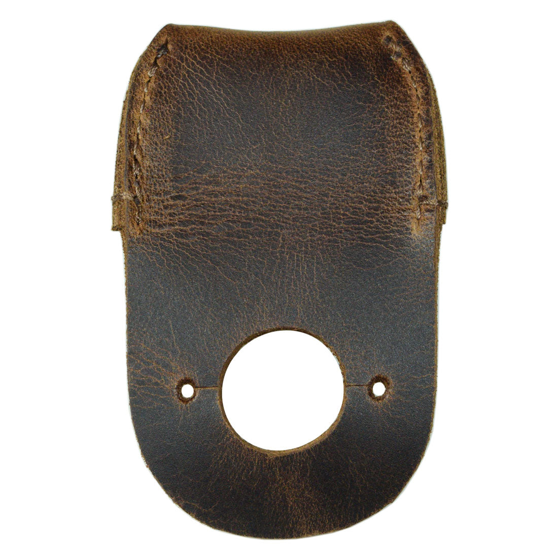 A close-up of the Hide & Drink Thumb Guard showcasing its rich, brown Full Grain Leather texture. This handcrafted Finger Protector is an essential tool for carpentry and carving. Each piece is artisan-made, fire branded, and represents the quality of small batch production from Guatemala.