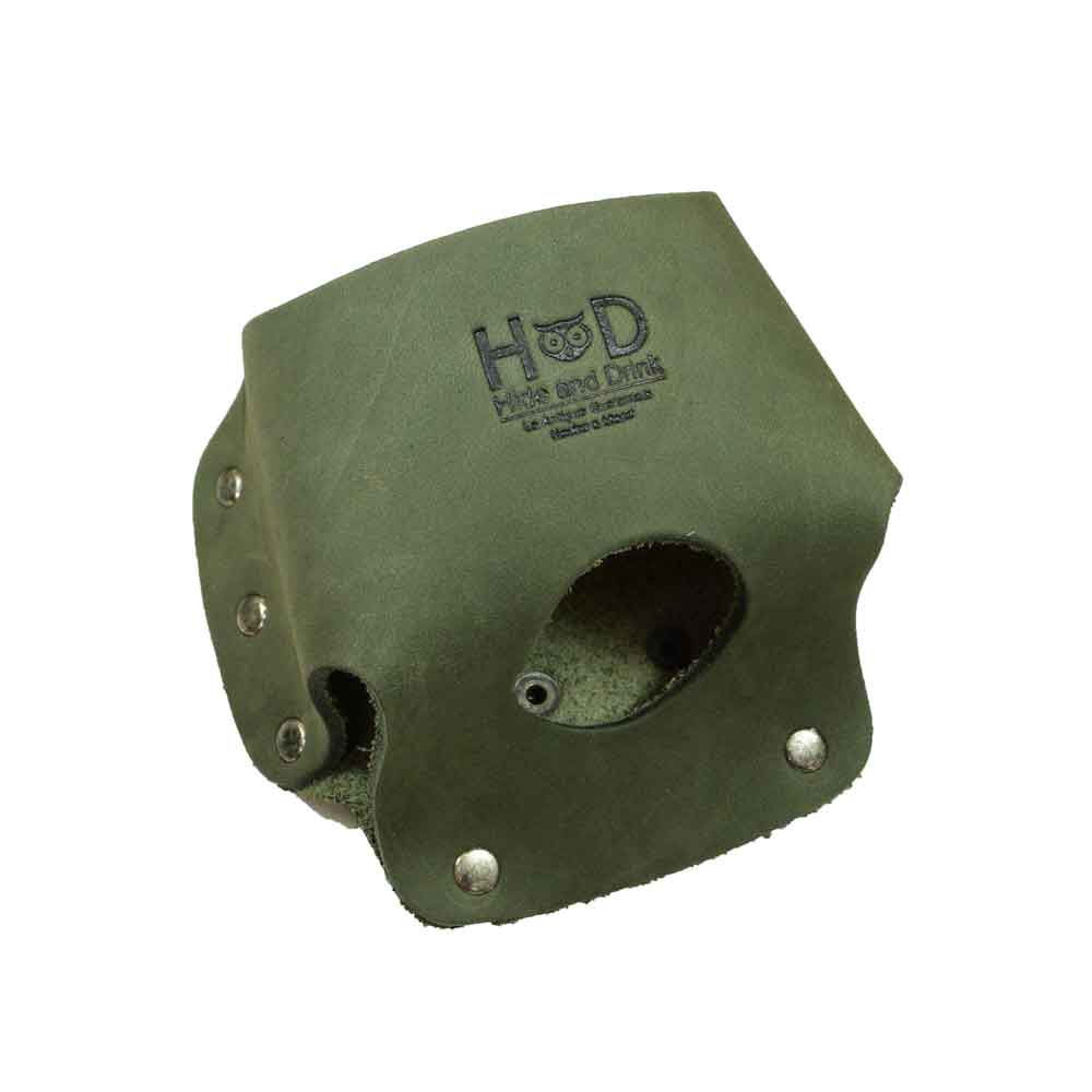 Detailed view of Hide & Drink's Large Tape Holster in green, reflecting its sturdy suede leather build. A practical choice for tradesfolk needing a durable tool holster for their Large Tape Measure.
