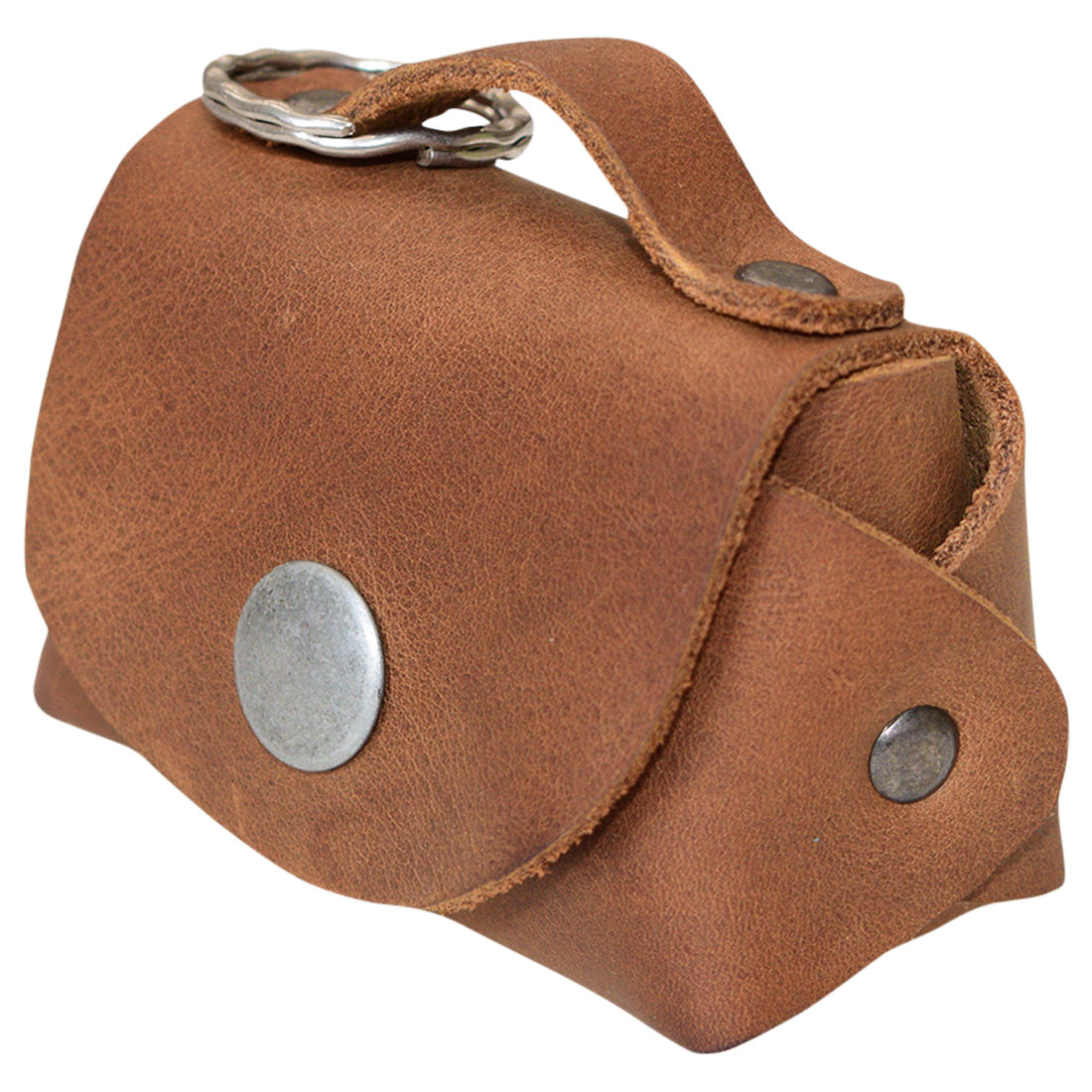 Tiny Handbag Keychain in light brown leather, featuring a unique design with a key ring holder by Hide & Drink. This elegant Tiny Handbag with Key Ring Holder is made from full grain leather and highlights the values of small batch production, hand cut, hand sewn, and fire branded detailing, carefully crafted by artisans in La Antigua Guatemala & Oaxaca Mexico.