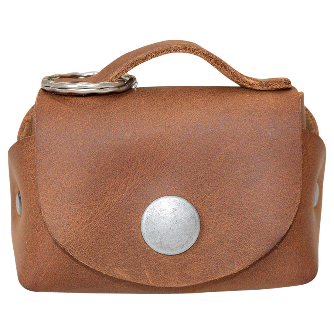 Front view of the Tiny Handbag Keychain in light brown leather, emphasizing its simplicity and key ring holder, made by Hide & Drink. This functional Tiny Handbag with Key Ring Holder features full grain leather craftsmanship and represents small batch production with hand cut, hand sewn, and fire branded quality, handmade in La Antigua Guatemala & Oaxaca Mexico.