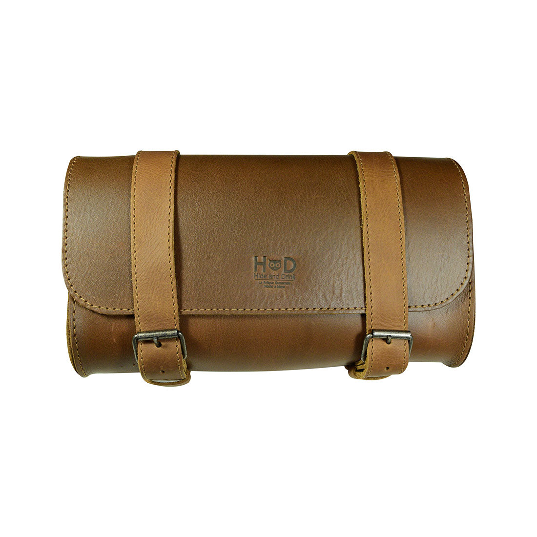 Hide & Drink Leather Motorcycle Tool Bag elegantly displayed, perfect for those looking for a sophisticated Biker Bag for Tools and Essentials crafted from Full Grain Leather. This unique Handlebar Bag with Adjustable Straps effectively serves as a Tool Organizer, showcasing artisan craftsmanship from La Antigua Guatemala & Oaxaca Mexico.