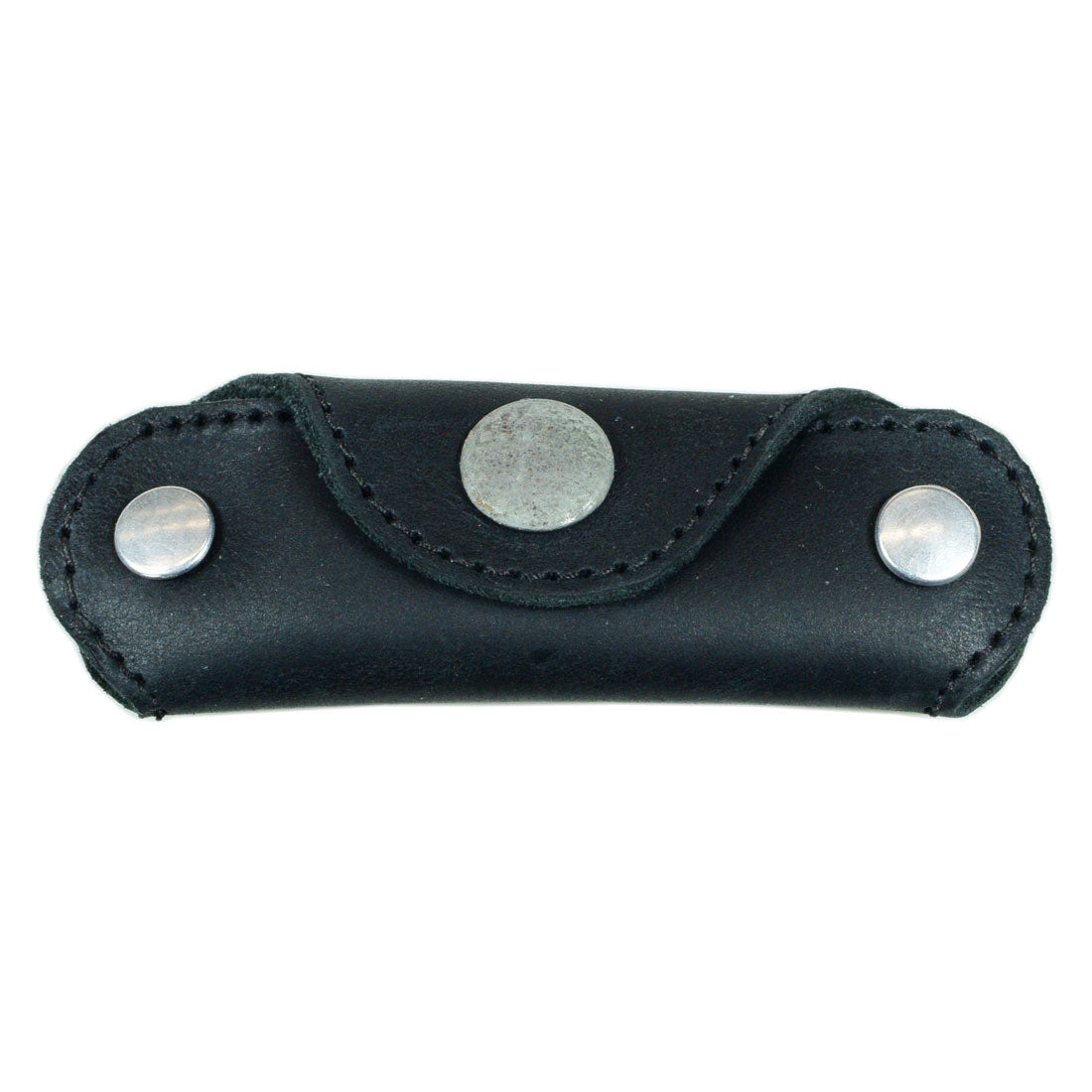 Front view of Hide & Drink's Double Swiss Knife Key Holder in black Full Grain Leather, designed as a practical Multiple Key Organizer. This artisan piece is hand cut and sewn, offering a stylish way to keep your keys neatly stored.