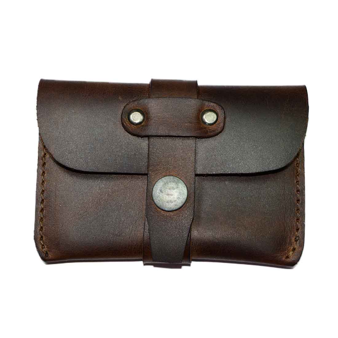 Another angle of Hide & Drink's Credit Card Holder, designed from durable Full Grain Leather. This minimalist front pocket wallet is a perfect blend of practicality and elegance, handmade in La Antigua Guatemala, reflecting small batch artisan production.