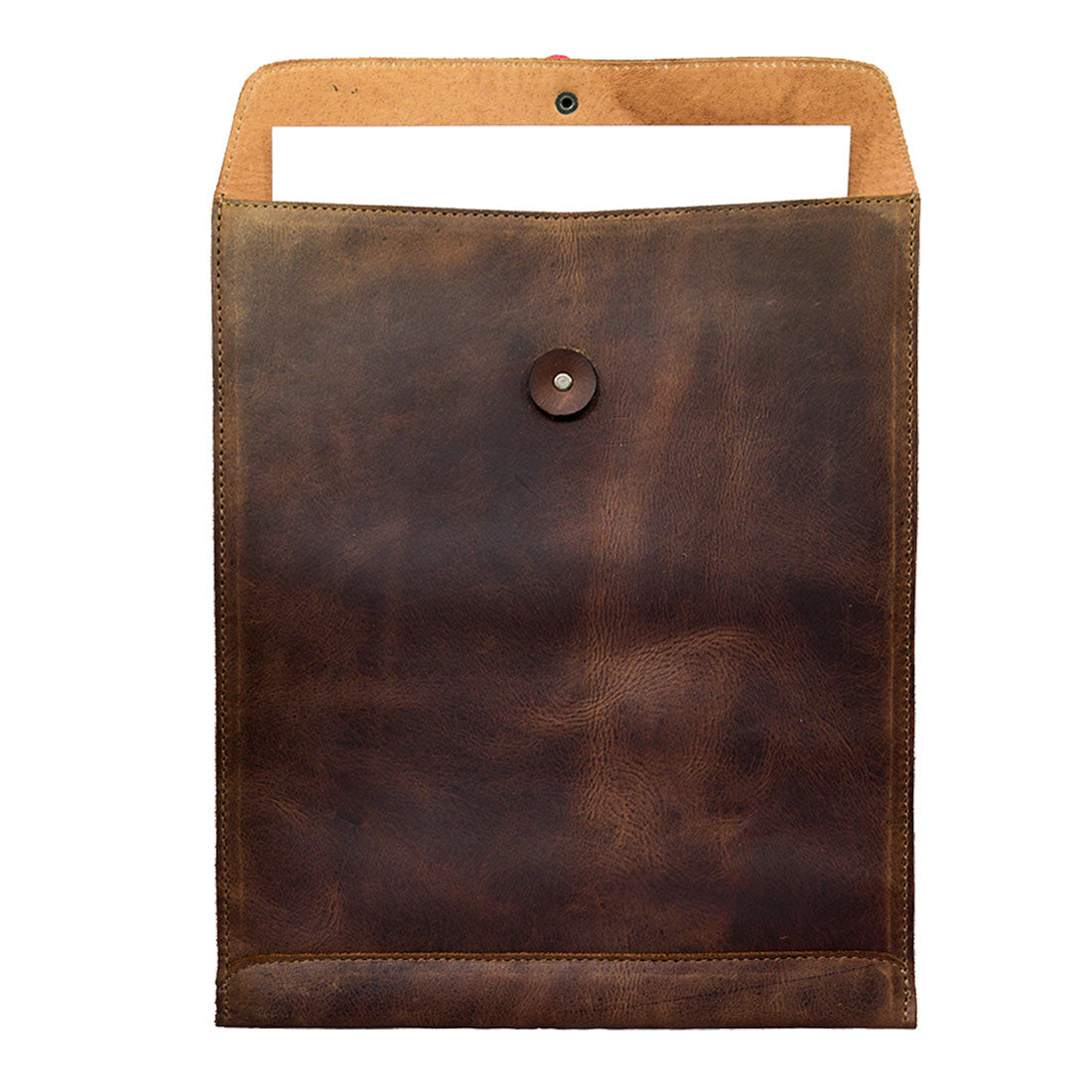 Brown Mailing Envelope Folder from Hide & Drink, designed for secure storage of documents. This Mailing Envelope Document Holder doubles as an Attache for both men and women, featuring durable Full Grain Leather for a sophisticated office look. Hand cut and sewn by artisans in Oaxaca Mexico.
