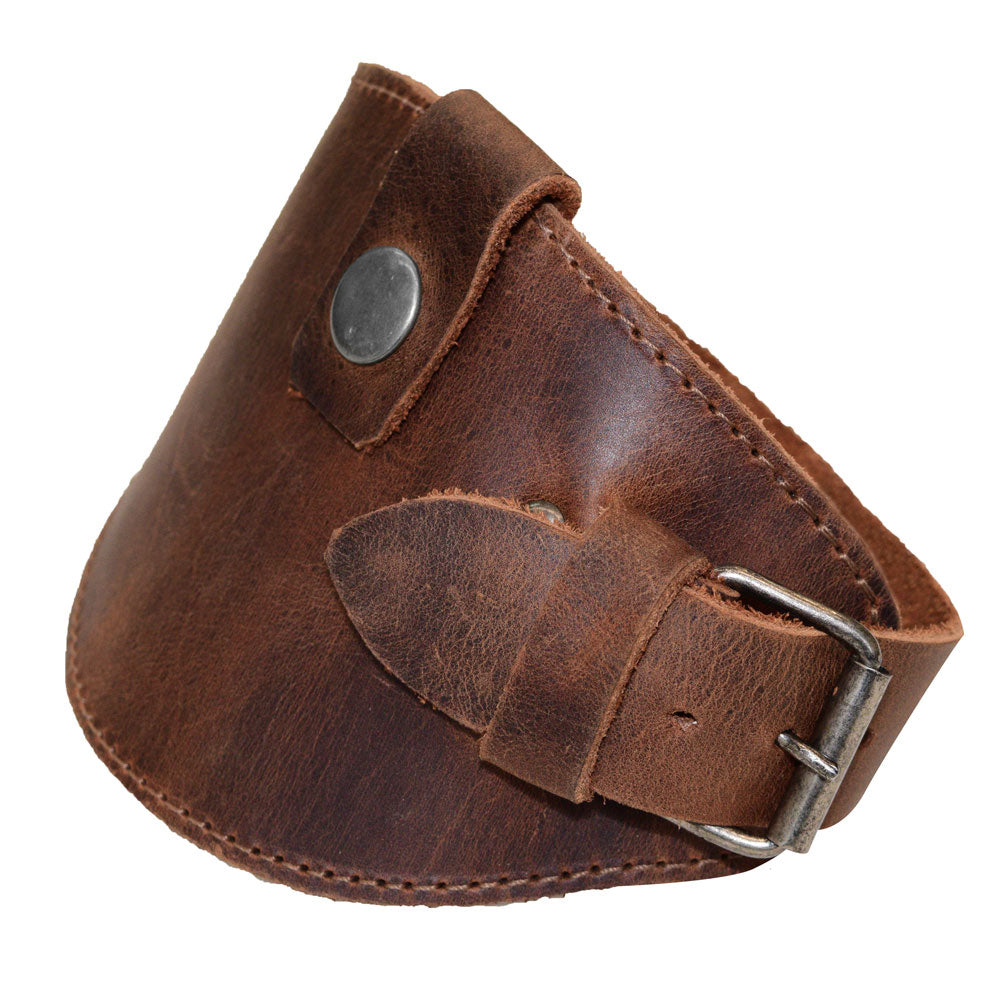 Motorcycle Boot Protector stylishly designed by Hide & Drink, featuring a buckle closure to securely protect your shoe from the shifter. This Motorcycle Boot Protector is crafted from rustic full grain leather, making it a perfect addition to any biker gear. Its hand cut and sewn design reflects small batch production and artisan quality, handmade in La Antigua Guatemala.
