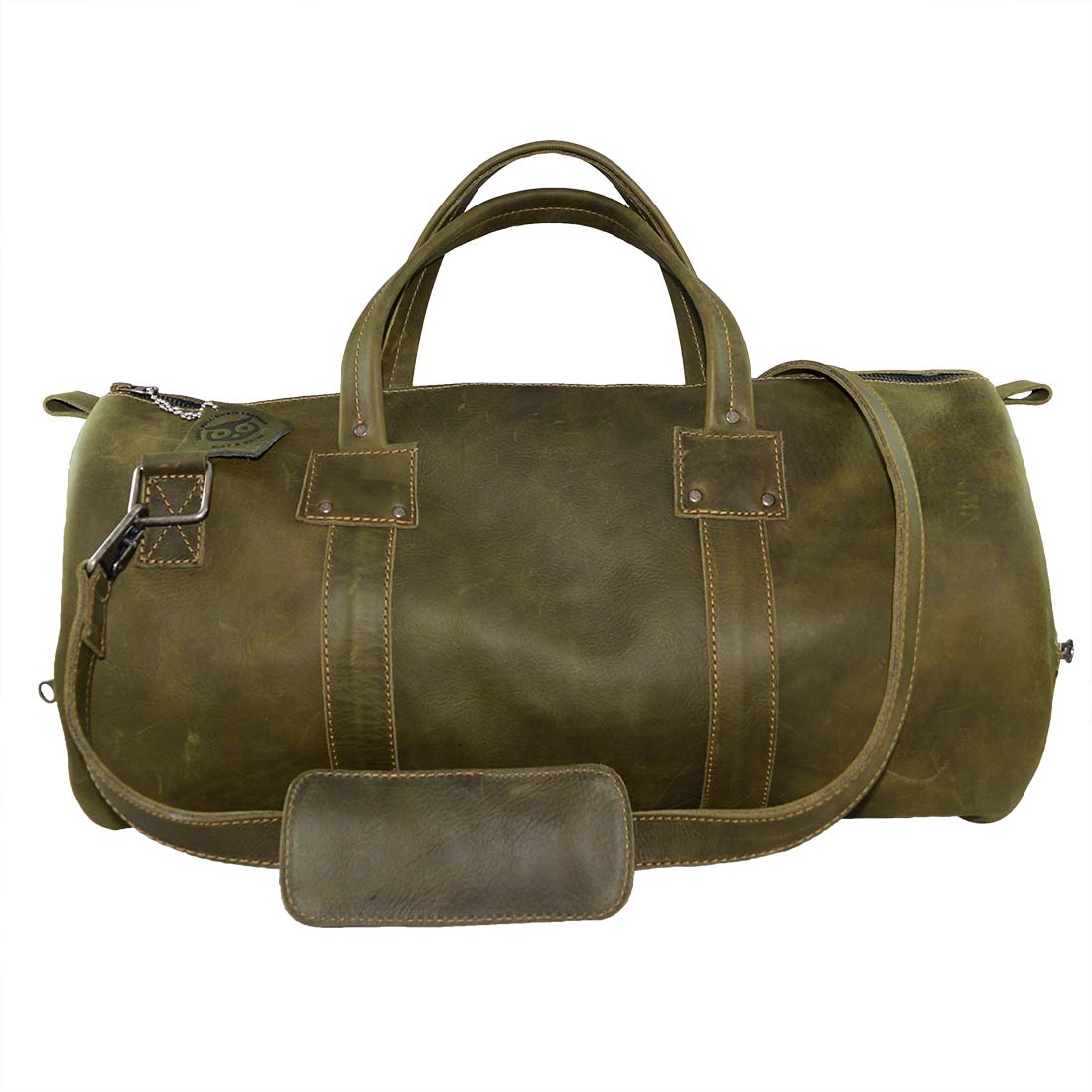 Classic Duffle Bag by Hide & Drink in green leather, presenting its unique design with adjustable strap and zipper closure. Perfect for travel, this Full Grain Leather Classic Duffle Bag is a stylish Messenger Bag, handmade in La Antigua Guatemala & Oaxaca Mexico.