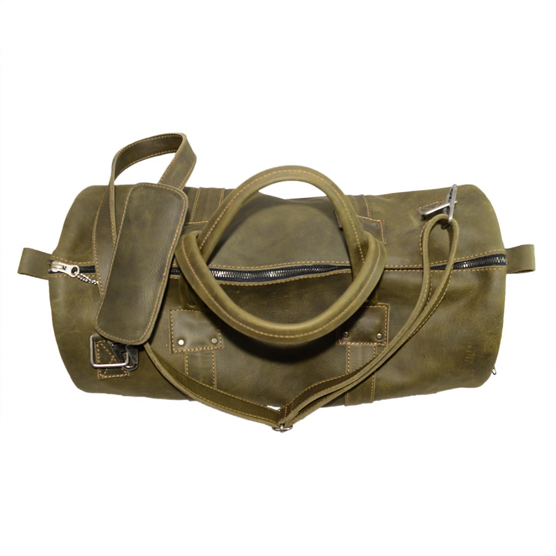 Wide view of the Classic Duffle Bag by Hide & Drink in green leather, showcasing its spacious interior and well-crafted details. This Full Grain Leather Classic Duffle Bag includes an adjustable strap and zipper closure, making it an ideal Messenger Bag for travel, handmade in La Antigua Guatemala & Oaxaca Mexico.