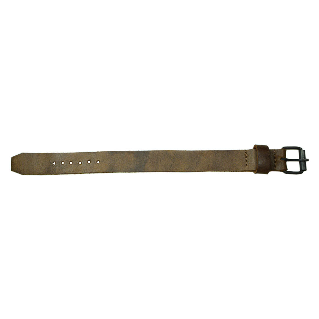 The Hide & Drink Watch Strap (20mm) laid flat, illustrating its length and rustic appeal. This leather rustic wristwatch strap replacement (20mm buckle, 18mm strap) is crafted from premium full grain leather. Ideal for enhancing your timepiece, this accessory is a quality example of artisan craftsmanship, featuring small batch production, hand cut and hand sewn design, and fire branded details. Handmade in La Antigua Guatemala & Oaxaca Mexico.
