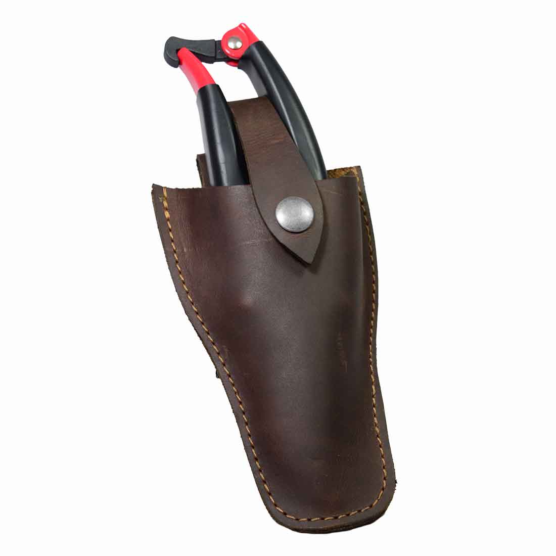 Side perspective of the Hide & Drink Gardening Scissors Holster displaying the attractive full grain leather design that serves as a sturdy pruner sheath. Perfect for storing gardening shears and tools, with a handcrafted touch from La Antigua Guatemala.