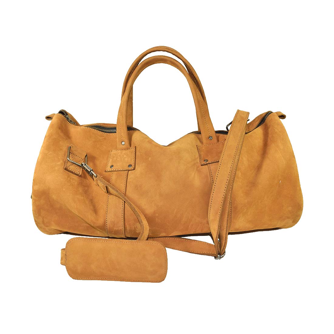 Classic Duffle Bag by Hide & Drink in orange suede leather, featuring an adjustable strap and zipper closure for travel convenience. This versatile Full Grain Leather Classic Duffle Bag makes an excellent Messenger Bag, crafted by artisans in La Antigua Guatemala & Oaxaca Mexico.