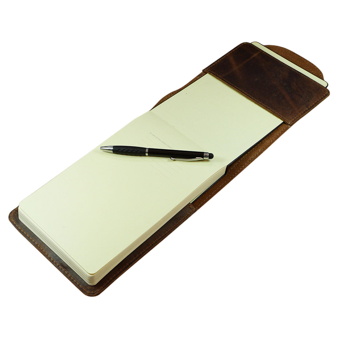 Inside view of Hide & Drink Hard Cover Reporter Protector Large (5 x 8.25 in.) Notebook NOT Included, featuring a smooth interior and handy pen placement. Crafted from Full Grain Leather, this product highlights the handmade quality from small batch production in La Antigua Guatemala.