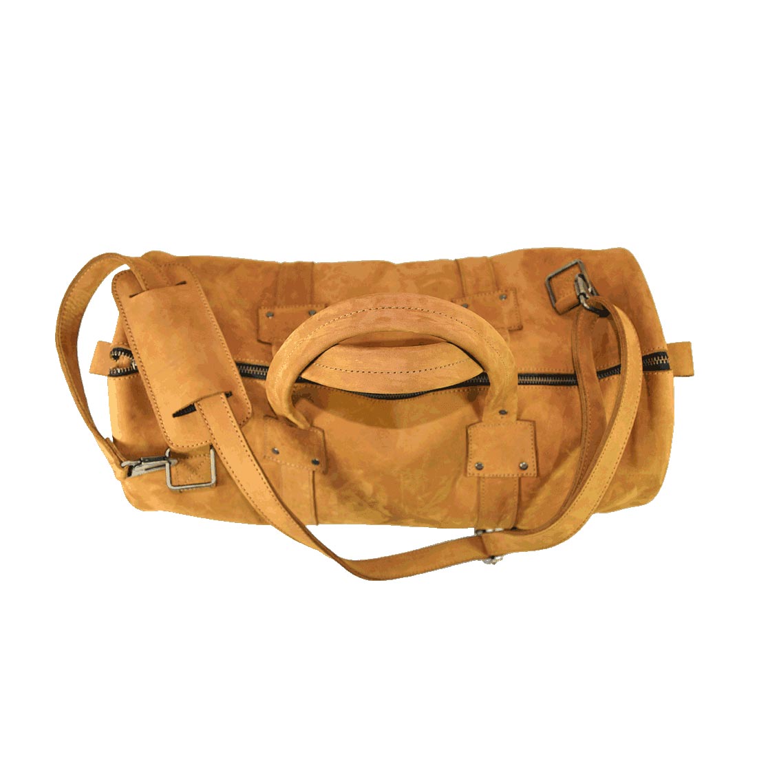 Under view of the Classic Duffle Bag by Hide & Drink in orange suede, showcasing its design and craft. This Full Grain Leather Classic Duffle Bag includes an adjustable strap and zipper closure, providing a stylish Messenger Bag option, handmade in La Antigua Guatemala & Oaxaca Mexico.
