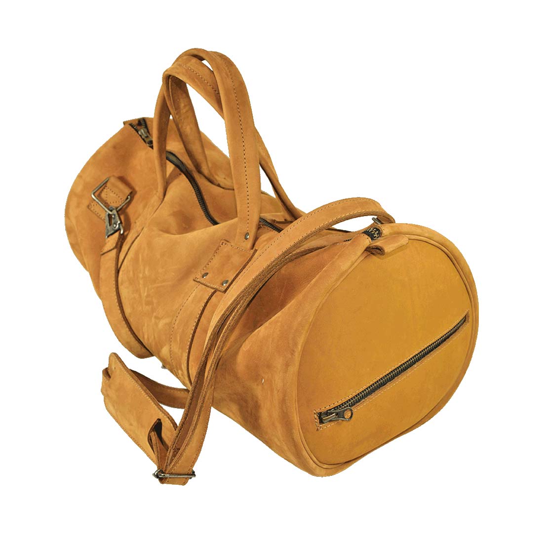 Classic Duffle Bag by Hide & Drink in orange suede, emphasizing its functional design with adjustable strap and zipper closure. This quality Full Grain Leather Classic Duffle Bag acts as a perfect Messenger Bag, crafted by artisans in La Antigua Guatemala & Oaxaca Mexico.