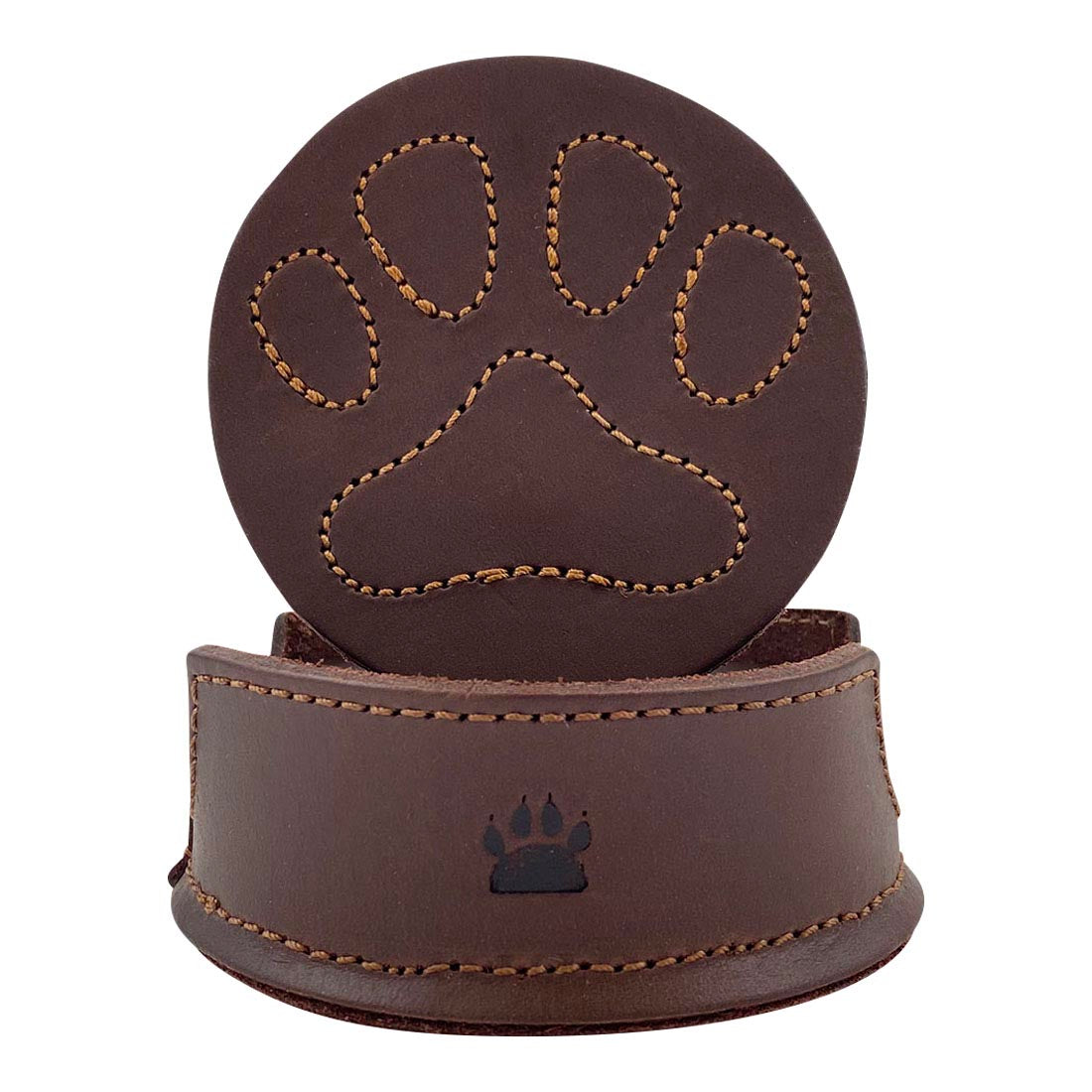 Taco Dog Paw Print Coasters featuring a cute paw print design and a stylish holder. This set of 6 with holder is perfect for home decor, protects your table from hot & cold drinks, and is a unique gift for dog lovers. Made from full grain leather, each piece is hand cut, hand sewn, and artisan crafted in La Antigua Guatemala.