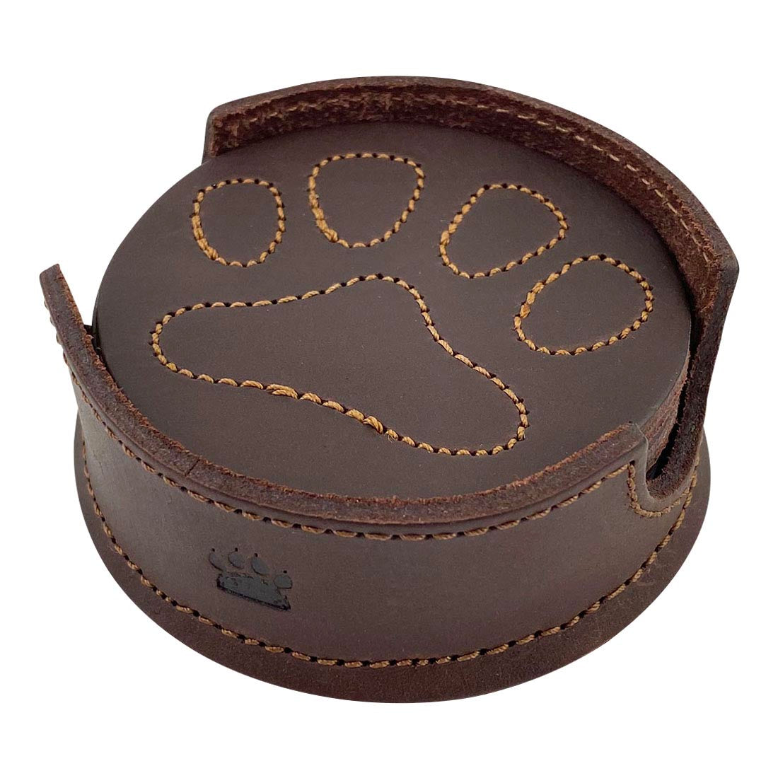 Taco Dog Paw Print Coasters presented in a stylish leather holder, highlighting their unique stitching. This set of 6 with holder serves as perfect home decor, protects surfaces from hot & cold drinks, and is an exceptional gift for dog lovers. Made with care from full grain leather by artisans in La Antigua Guatemala.