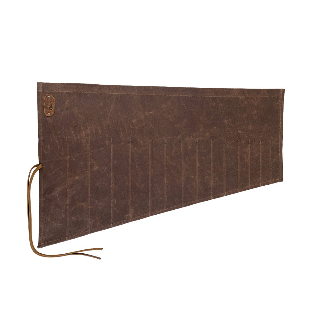 Hide & Drink Wrench Roll (15 Pockets) crafted from Water Resistant Waxed Canvas, offers a stylish and portable pouch for storing tools, designed with artisan quality, handmade in La Antigua Guatemala & Oaxaca Mexico.