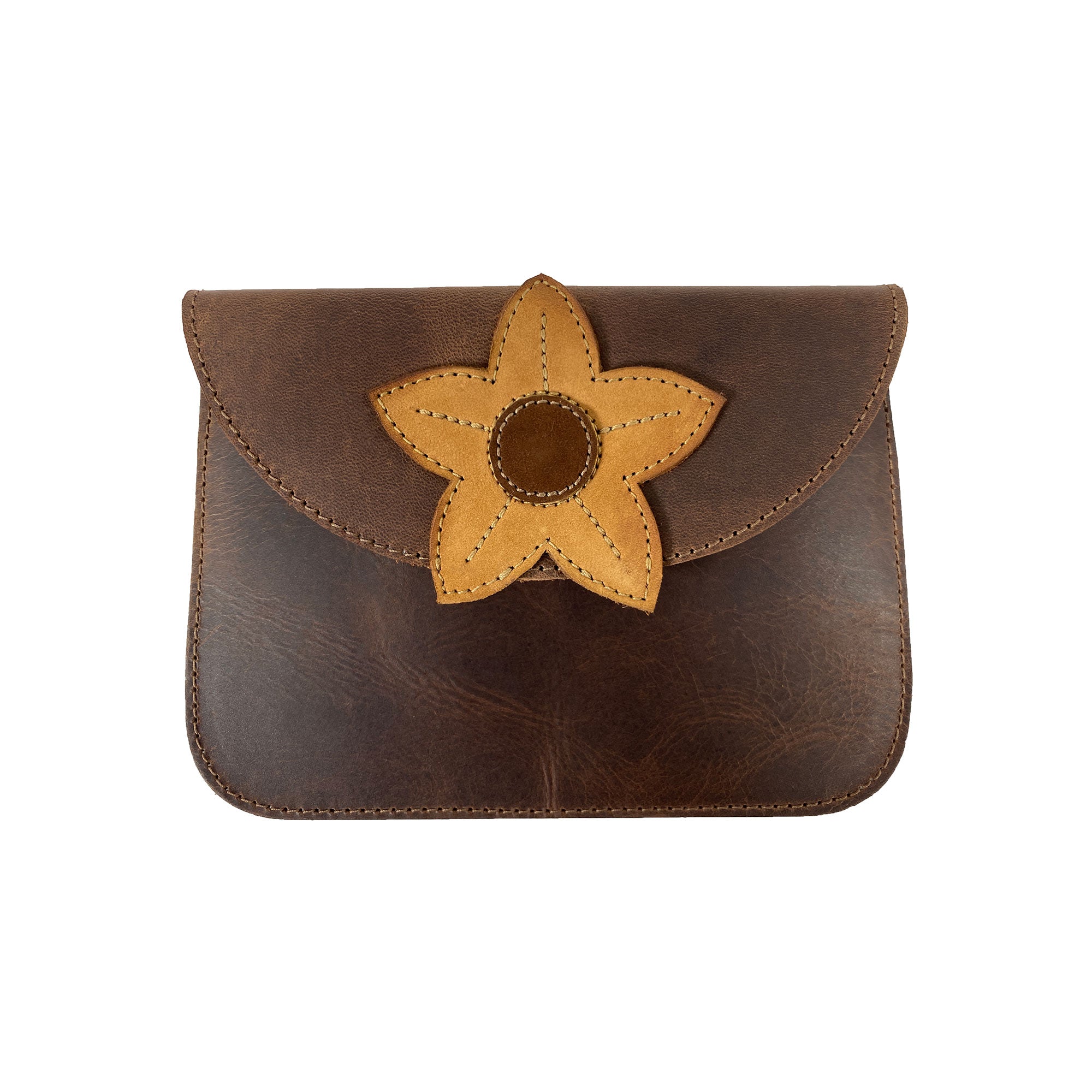 Interior view of Heather's Flower Card Wallet with snap closure, showcasing its quality and craftsmanship. Handmade in La Antigua Guatemala from Full Grain Leather.