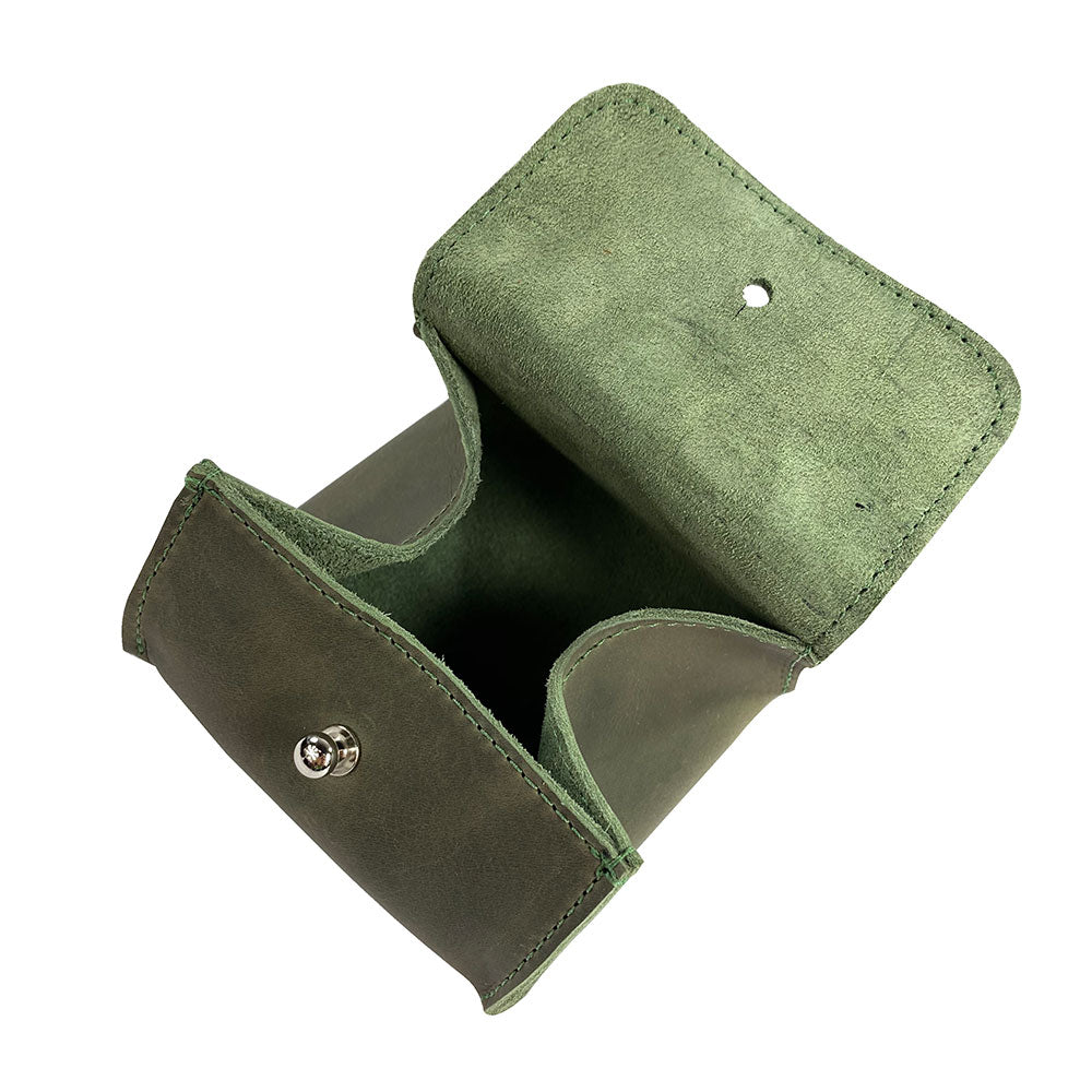 Open view of a Hide & Drink Jewelry Pouch demonstrating its capacity for organizing rings and elegant articles. This artisan produced piece enhances any wedding gift collection.
