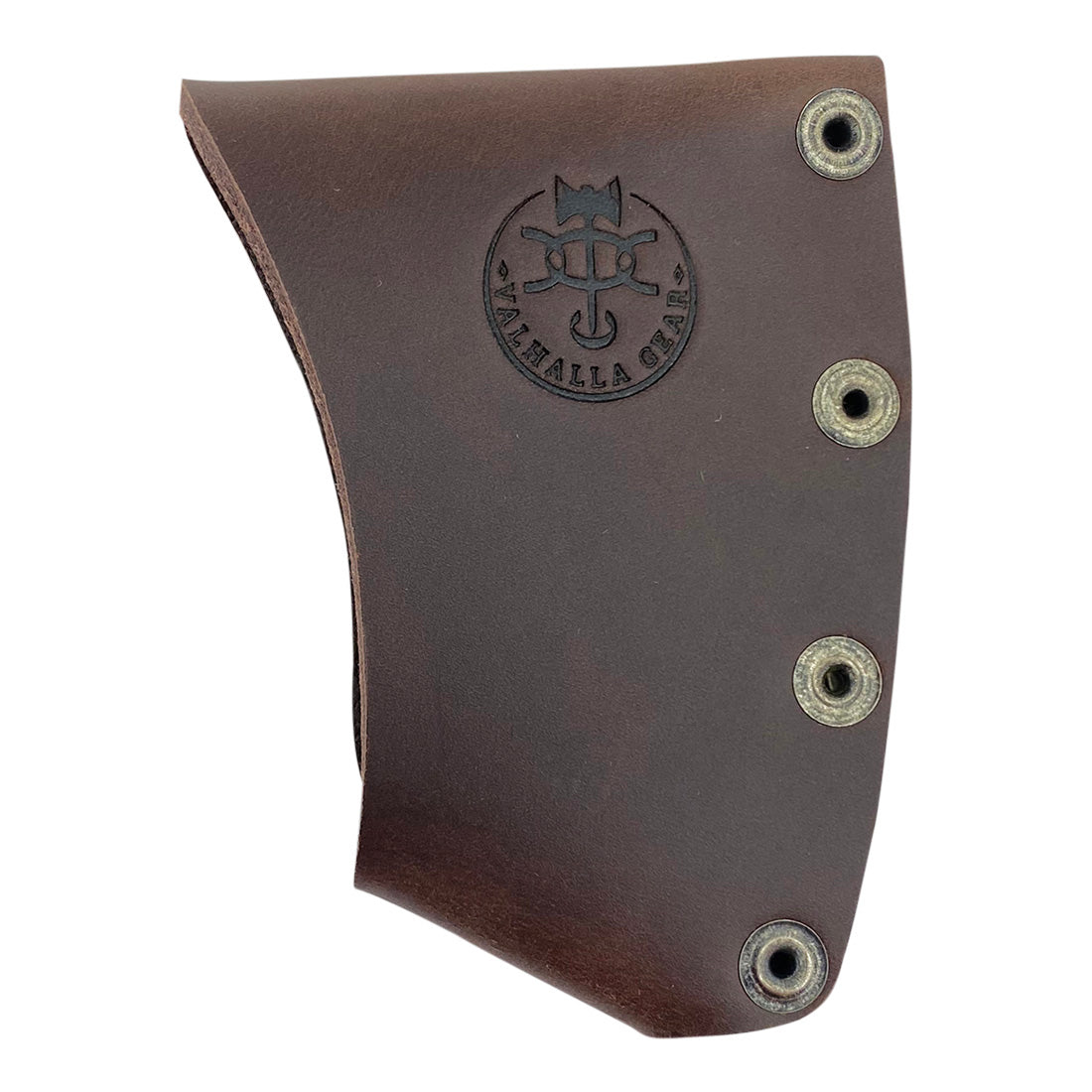The reverse side of a Hatchet Blade Cover featuring Valhalla Gear's logo, crafted from durable full grain leather, ensuring safety for your axe - Protector Case Cover, Small Axe Blade Safety Sleeve, Camping Accessory, Lumberjack Outdoor Essentials, StockyardX, Small Batch Production, Hand Cut, Hand Sewn, Fire Branded, Artisan, Handmade in La Antigua Guatemala & Oaxaca Mexico.