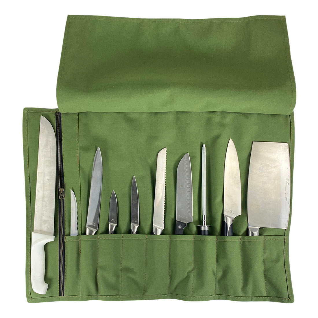 Overview of the Cast Leather Co. Knife Roll Bag showcasing 10 pockets for specialty knives. This knife roll bag is made from durable water-resistant canvas and full grain leather, designed for safely transporting sharp cooking items. Knife Roll Bag with detachable shoulder strap, handmade in La Antigua Guatemala & Oaxaca Mexico.