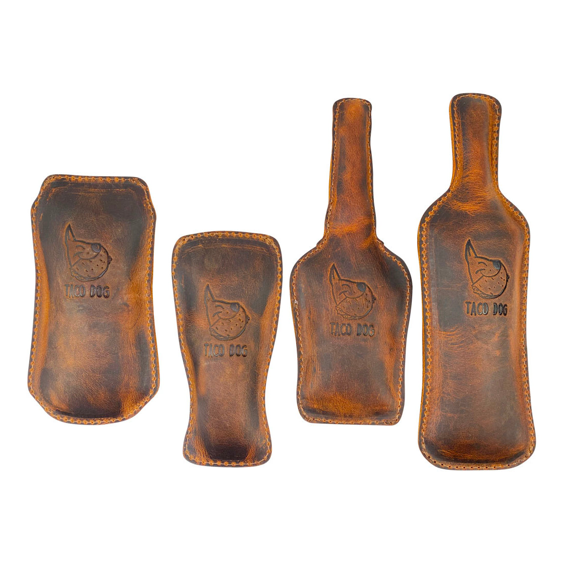 Taco Dog Dog Chew Toys (4 Pieces) showcasing a handcrafted set including Paw Boy, Irish Snout, Bark Rum, and Furlot. Made from high-quality full grain leather, these toys are ideal for active small breed chewers and exemplify the artisan craftsmanship of small batch production.