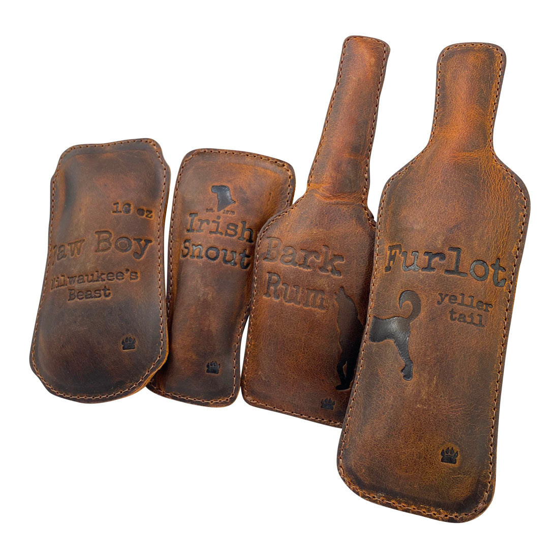 Taco Dog Dog Chew Toys (4 Pieces) consisting of four unique leather toys: Paw Boy, Irish Snout, Bark Rum, and Furlot. These handmade pet toys, designed for active chewers, are crafted from durable full grain leather and are a perfect fit for small breeds.