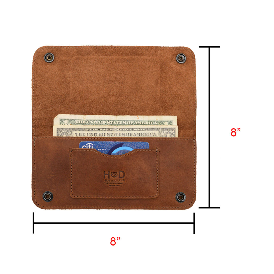 Open view of the Brown Double Snap Folio Wallet by Hide & Drink, featuring compartments for cash and cards. This wallet is crafted from full grain leather, serving as a sleek rectangular flat bill holder with card slot, perfect for anyone in need of a stylish night bag or travel accessory, handmade in La Antigua Guatemala & Oaxaca Mexico.