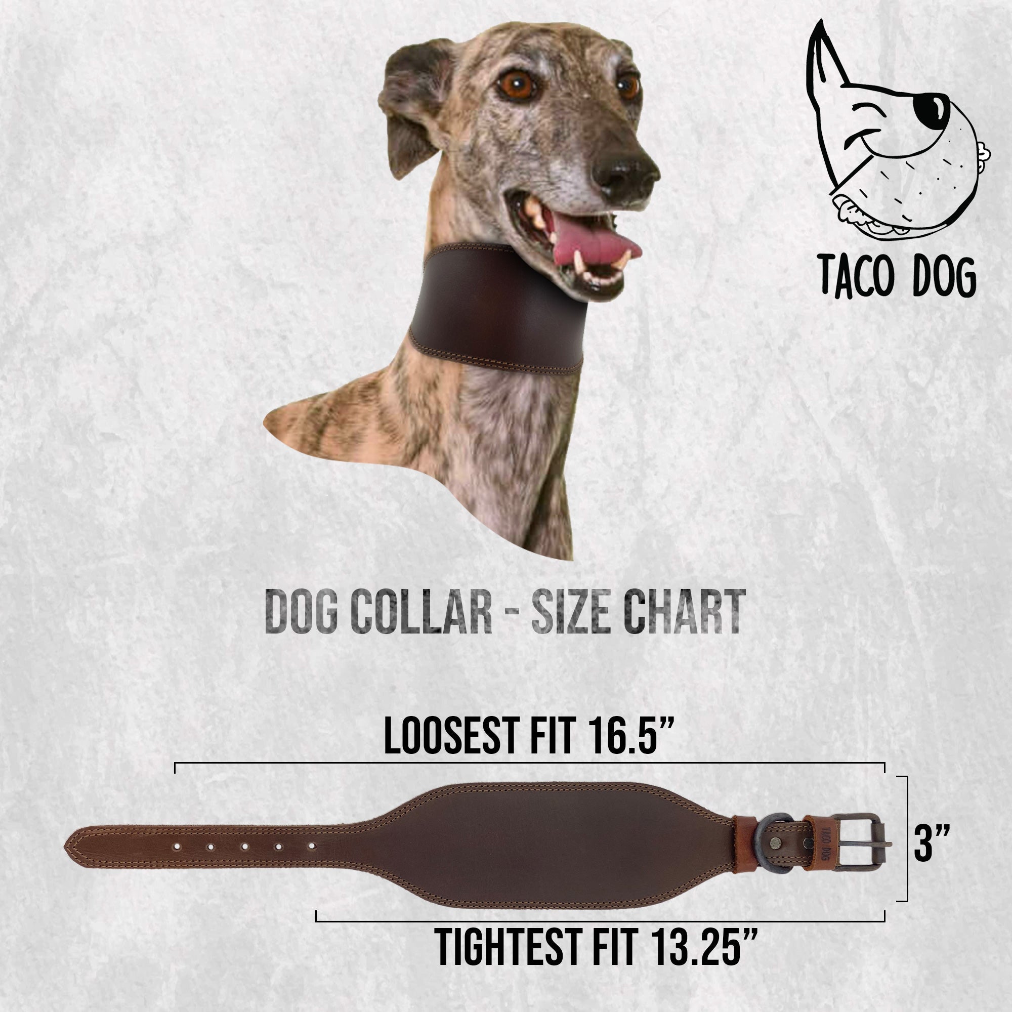 Infographic displaying the size chart for Taco Dog’s Sighthound Dog Collar, illustrating the adjustable fit options. This collar is made from high-quality materials ensuring a comfortable and secure fit for Sighthounds.