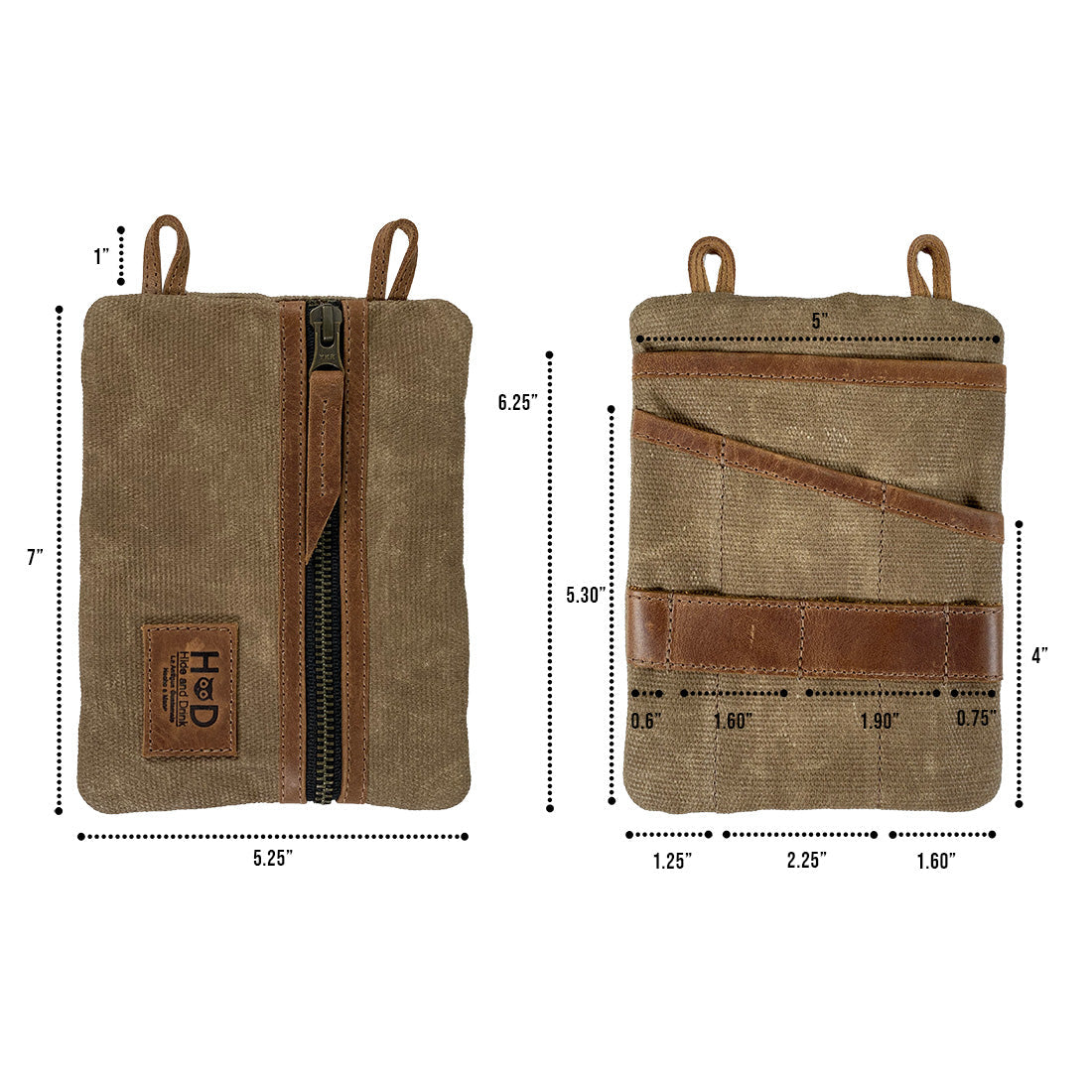 Dimensions of the Multi-tool Pocket Pouch - XL by Hide & Drink shown visually, illustrating its compact design suitable for various tools, ideal for outdoor use. Multi-Tool Pocket Pouch XL, Mini Camping Tool Case, Compact Multipurpose EDC Zippered Bag, Handmade Slim Organizer, Waxed Canvas, StockyardX, Small Batch Production, Artisan, Handmade in La Antigua Guatemala & Oaxaca Mexico.
