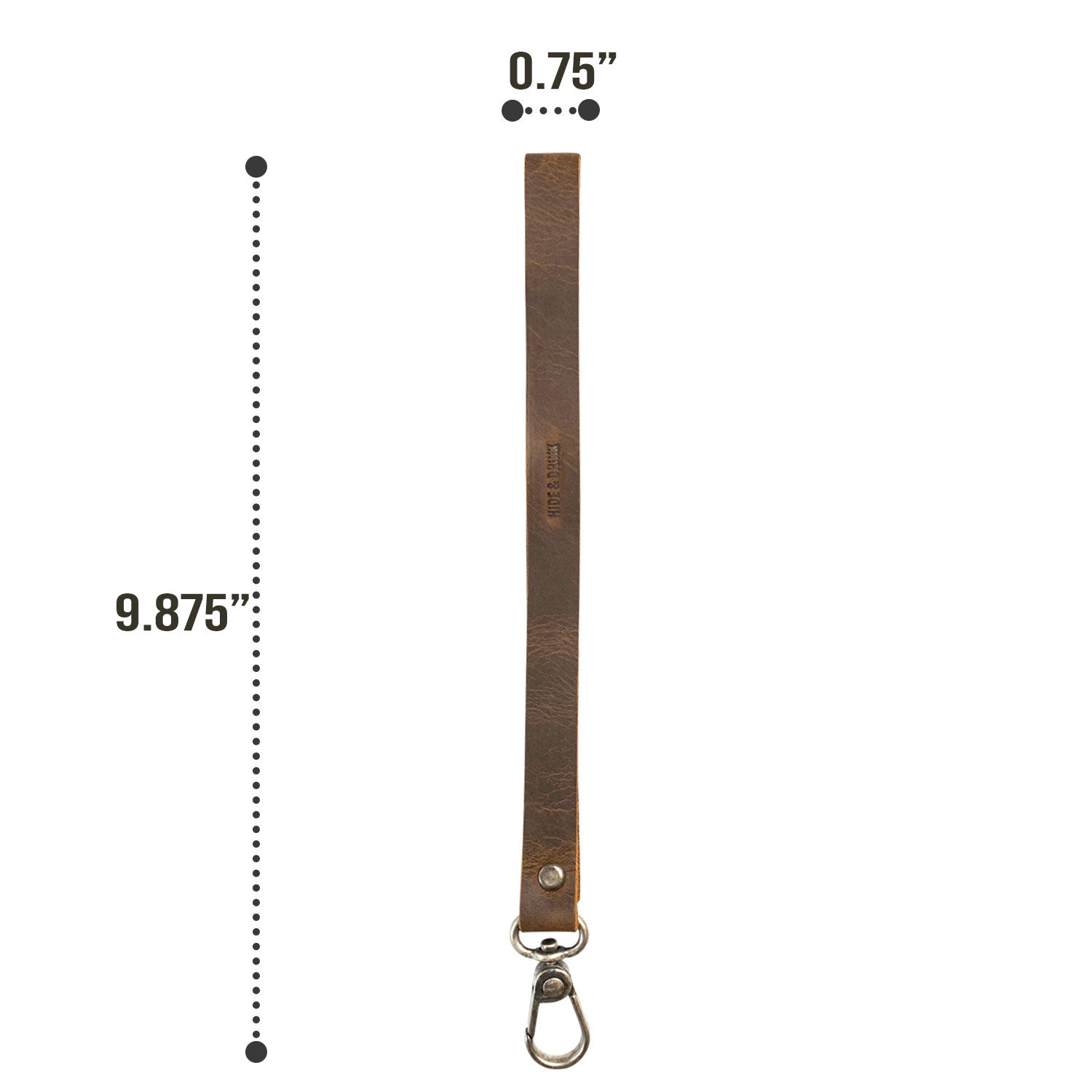 A close-up of the Simple Thin Lanyard, illustrating its dimensions and design details in Full Grain Leather from Hide & Drink. This Simple Thin Lanyard exemplifies Small Batch Production, Hand Cut, Hand Sewn, Fire Branded, Artisan, Handmade in La Antigua Guatemala & Oaxaca Mexico.