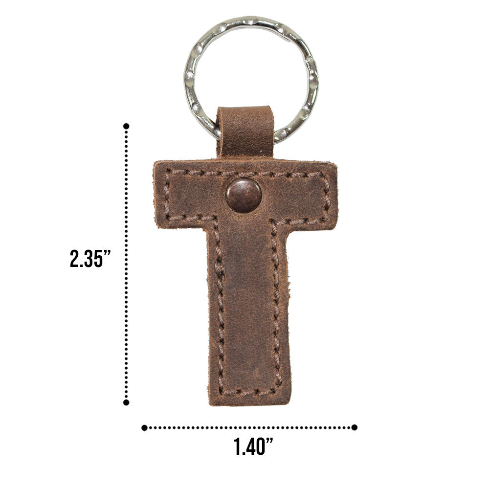 Dimensions of letter T in a leather keychain by Hide & Drink. This Alphabet Letter Keychain, crafted from Full Grain Leather, represents the artisan's skill in small batch production from La Antigua Guatemala.