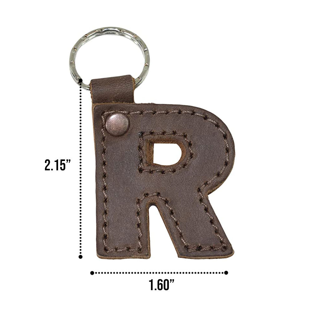 Dimensions of letter R in leather keychain by Hide & Drink. This Alphabet Letter Keychain, constructed from Full Grain Leather, beautifully represents artisan craft from La Antigua Guatemala via small batch production.