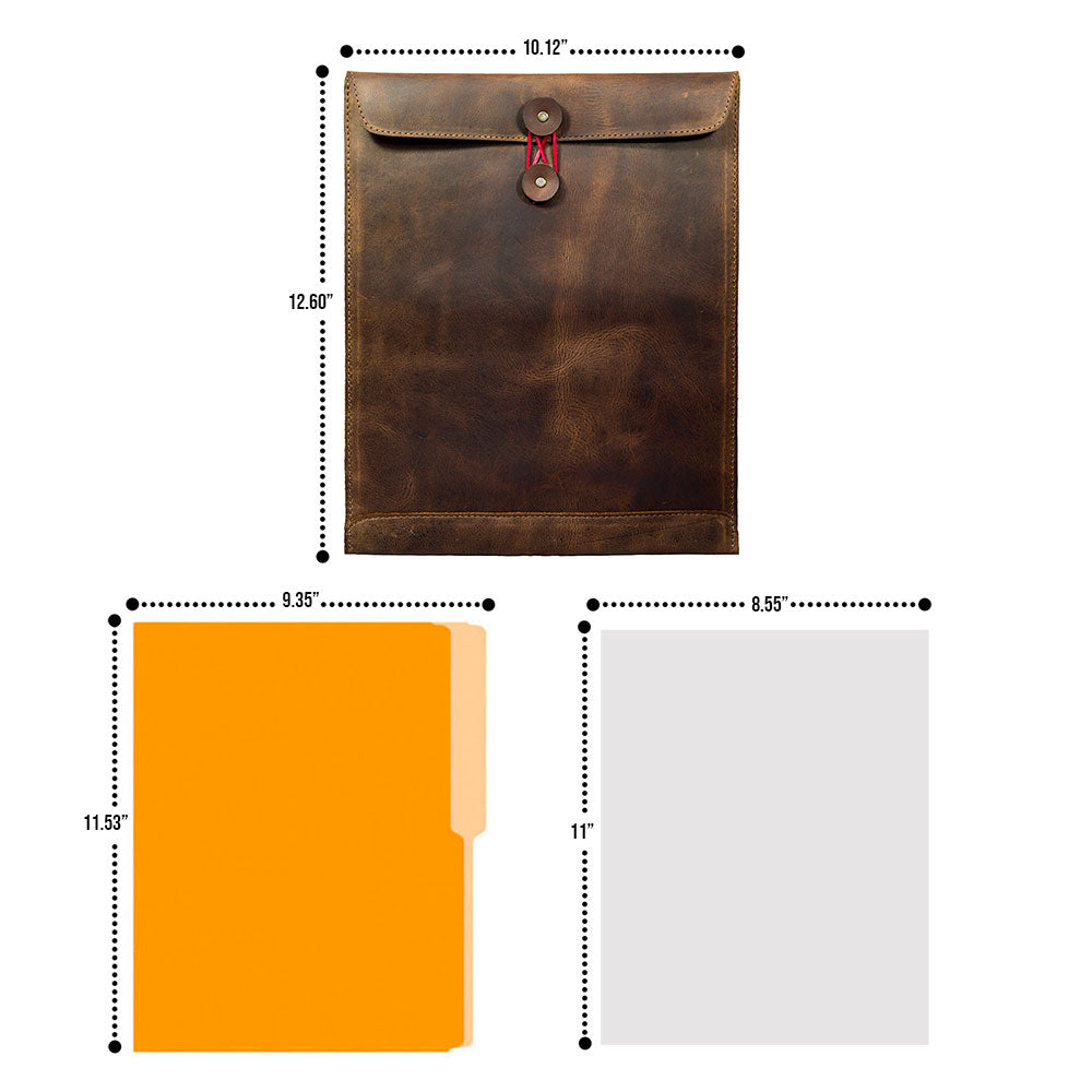 Dimensions of the Mailing Envelope Folder by Hide & Drink displayed alongside typical folder sizes. This Mailing Envelope Document Holder is made from Full Grain Leather, promising professionals durability and style with small batch artisan production in La Antigua Guatemala.