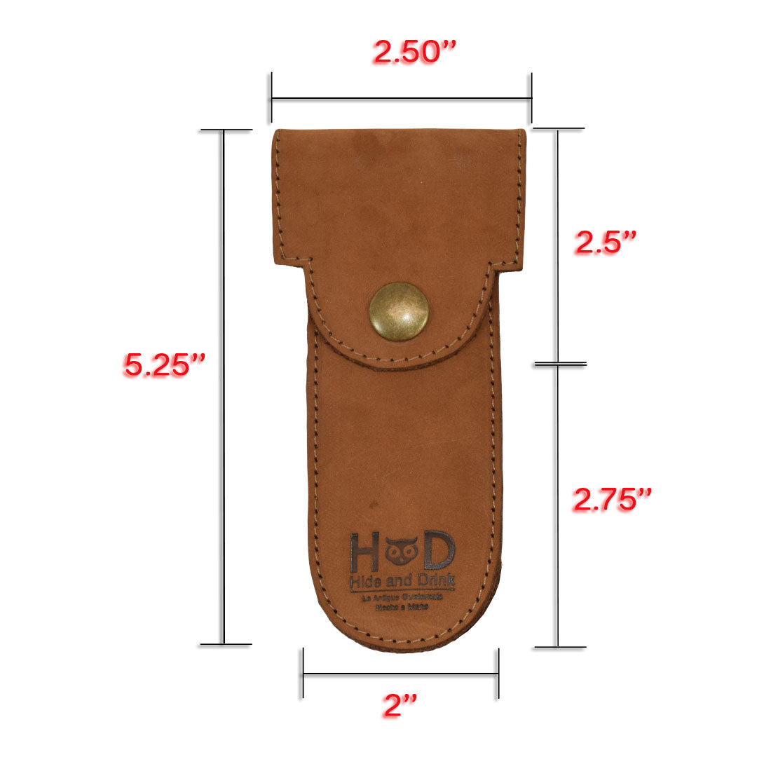 Hide & Drink Barber Razor Sheath presented in light brown leather with dimensions noted, illustrating its utility as a Double Edge Protector Case. This Safety Cover acts as an essential portable carry bag for travel meets artisan craftsmanship.