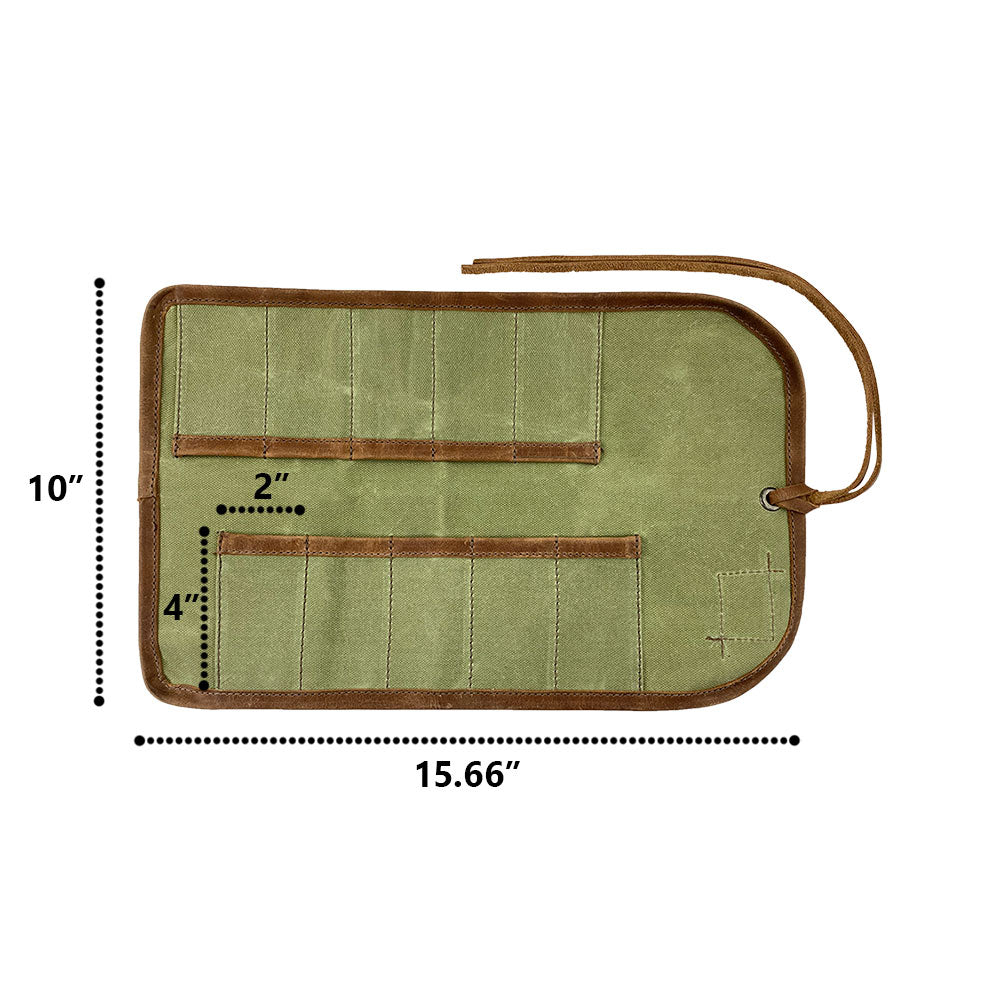 Hide & Drink Tool Roll showcases a stylish small tool roll-up bag with 10 slots, crafted from high-quality full grain leather. This portable carry-on pouch is designed for effective woodworking tools organization, ensuring improved workshop storage. Every item is handmade in La Antigua Guatemala & Oaxaca Mexico, reflecting artisan craftsmanship.