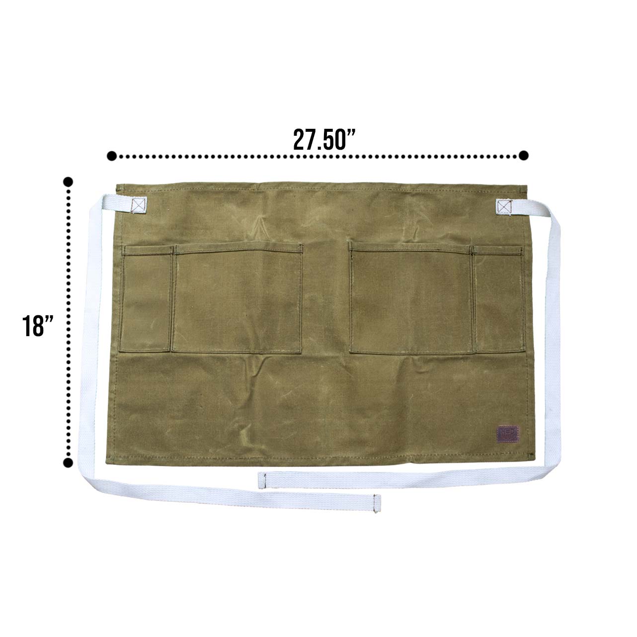 Dimensions view of the Waxed Canvas Waist Apron by Hide & Drink, measuring 27.50 inches in length and 18 inches in height. This apron is a perfect example of water resistant utility design created through small batch production, hand cut, and hand sewn methods, showcasing artisan quality from La Antigua Guatemala & Oaxaca Mexico.
