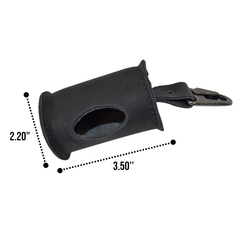 Black Doggie Bag Dispenser by Hide & Drink, highlighting its functional design with a thick full grain leather material and brass metal clip. Perfect for dog walkers looking for a stylish waste bag holder, handmade in La Antigua Guatemala.