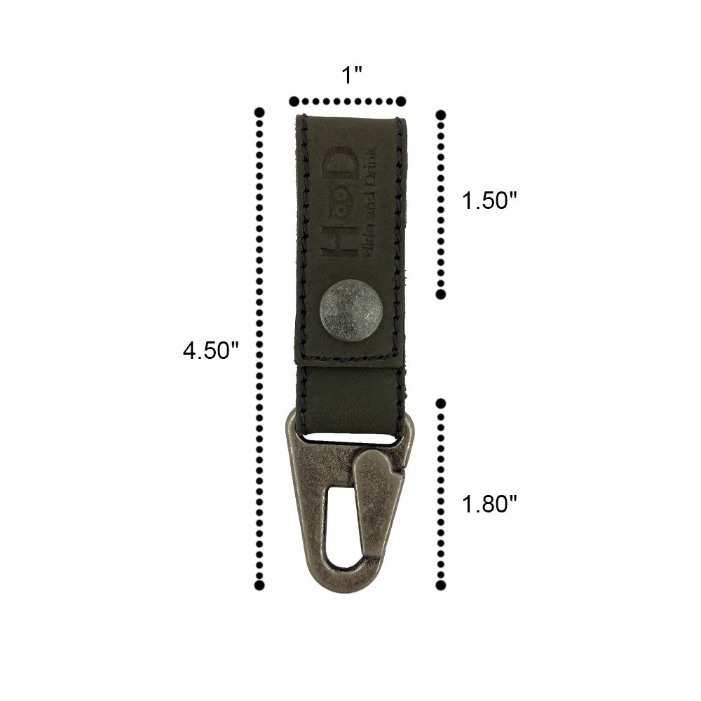 Dimensions illustration of the Key Ring Holder by Hide & Drink, crafted from Full Grain Leather. This handmade product emphasizes the small batch production ethos, featuring detailed measurements and showcasing the artisan quality associated with products made in La Antigua Guatemala & Oaxaca Mexico.