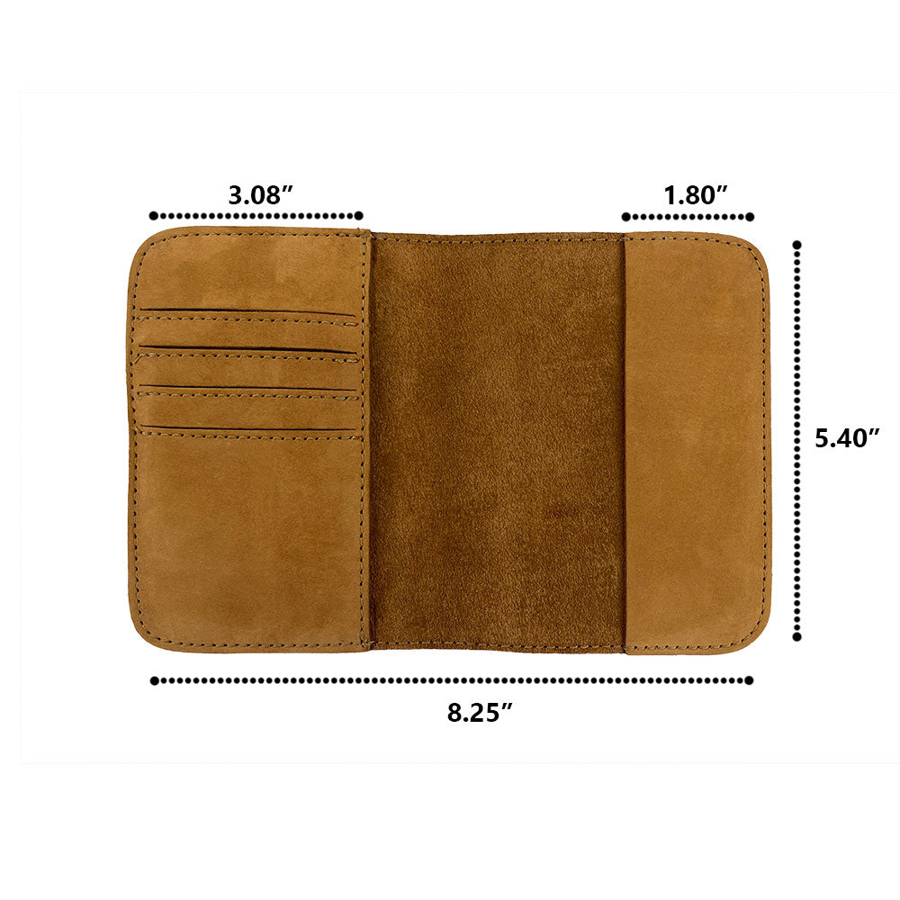 Inside view of the Hide & Drink Travel Wallet showing card slots. This multifunctional travel wallet is perfect as a bifold passport case, handmade in La Antigua Guatemala.
