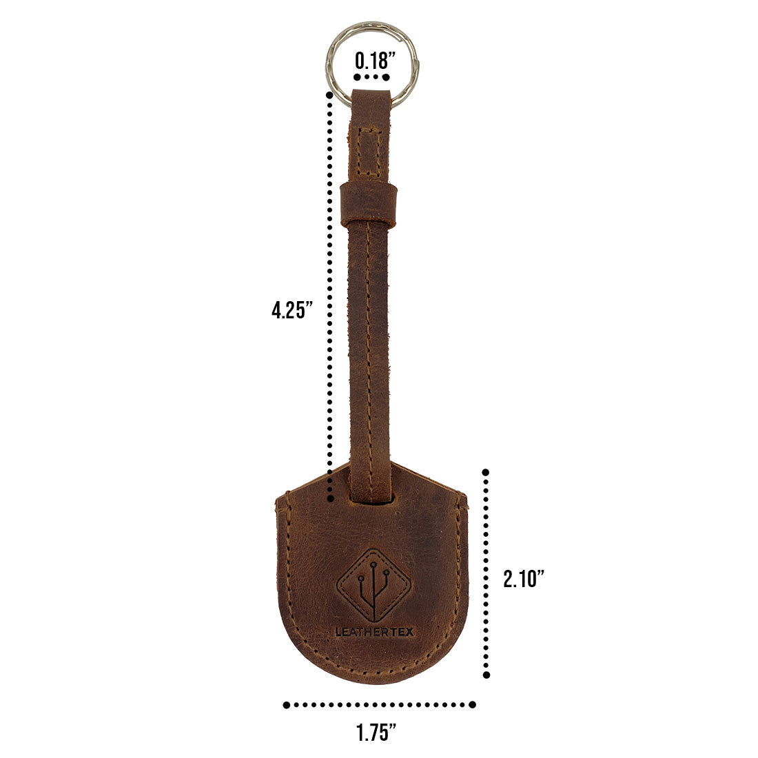 Dimensions of the LeatherTex Rustic Strap Keyring for AirTag, showcasing its compact size. This keychain holder for car and home is a well-crafted key organizer accessory made from full grain leather, reflecting small batch artisan production in La Antigua Guatemala.