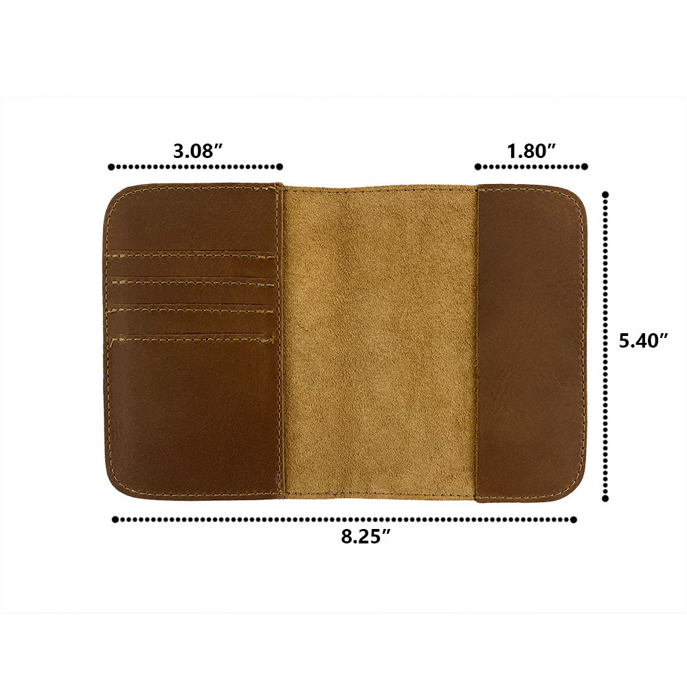 Front view of the Hide & Drink Travel Wallet, exuding a vintage charm. This handcrafted travel wallet is perfect as a bifold passport case made from full grain leather in La Antigua Guatemala.