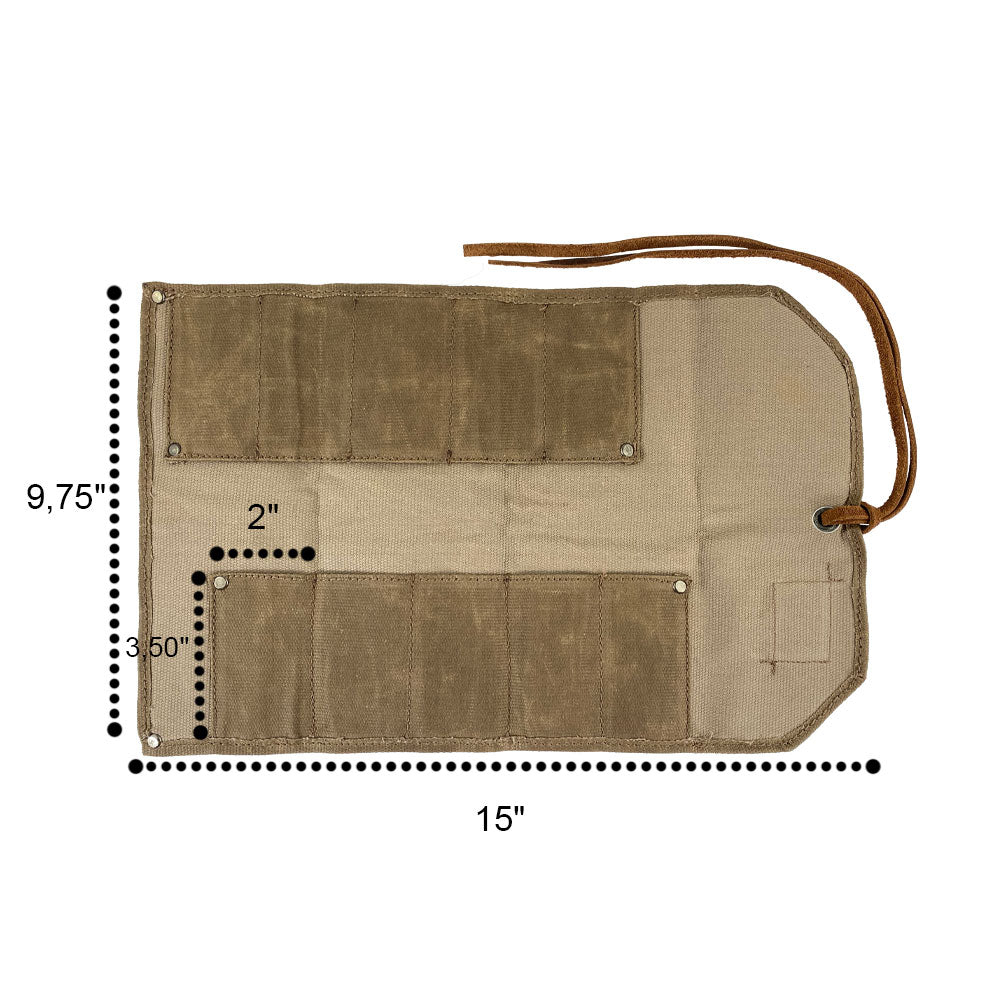 Hide & Drink Tool Roll features a classic small tool roll-up bag with 10 slots, constructed from premium full grain leather. Ideal for a portable carry-on pouch, it enhances woodworking tools organization for your workshop storage. Handmade by artisans in La Antigua Guatemala & Oaxaca Mexico, showcasing craftsmanship.