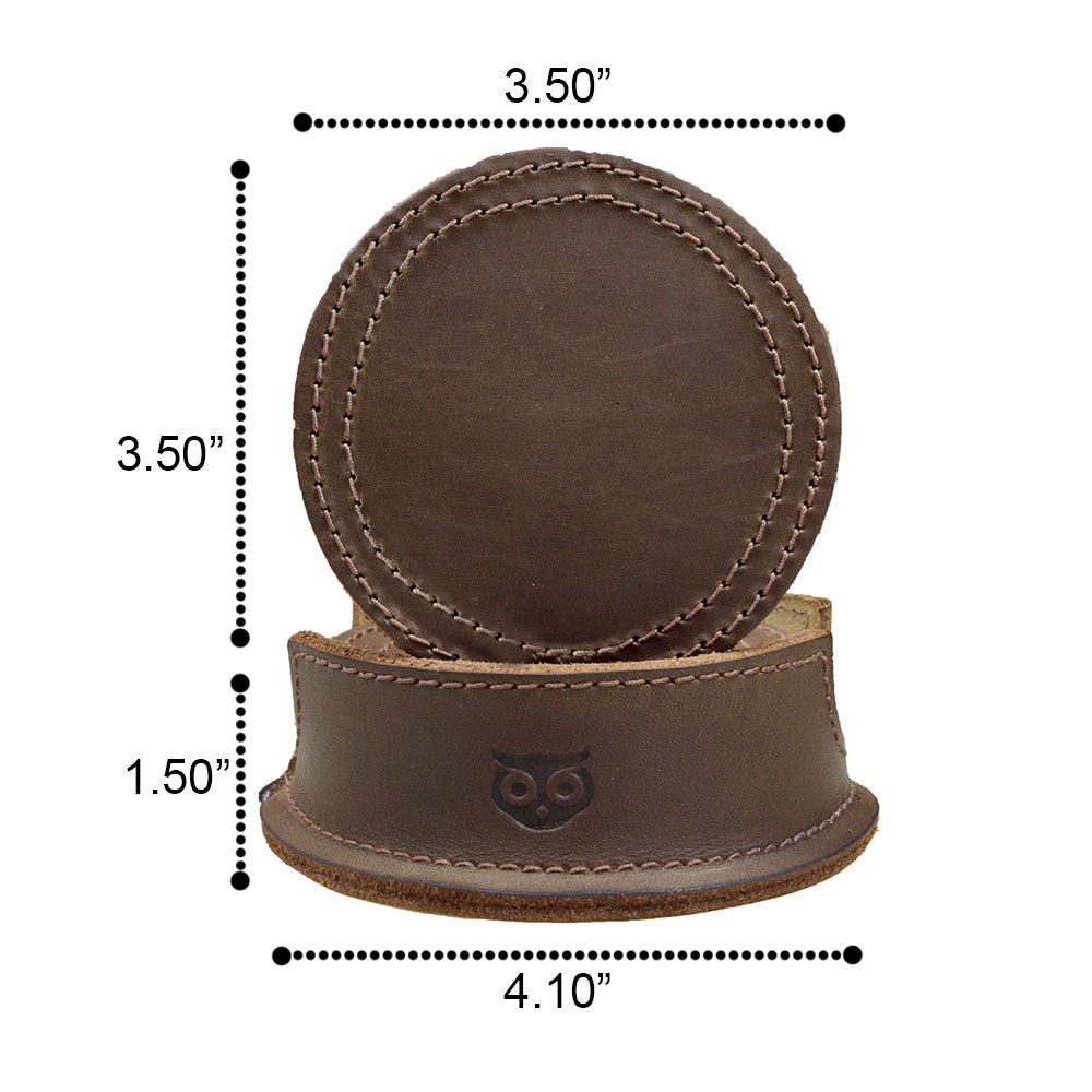 Dimensions of the Thick Leather Coasters (6-Pack) by Hide & Drink, showcasing a meticulously crafted circular coaster in bourbon brown with detailed stitching. Made from high-quality full grain leather, these artisan coasters exemplify small batch production, hand cut, hand sewn, and are fire branded, handmade in La Antigua Guatemala.