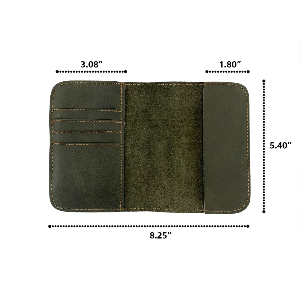 Inside view of the Hide & Drink Travel Wallet with card slots prominently displayed. This high-quality travel wallet serves as a bifold passport case, handmade in La Antigua Guatemala.