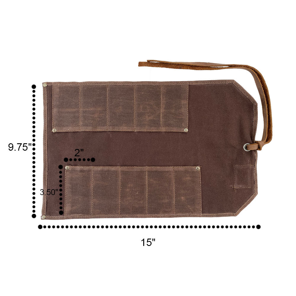 Hide & Drink Tool Roll showcases a stylish small tool roll-up bag with 10 slots, constructed from durable full grain leather. Ideal as a portable carry-on pouch for woodworking tools organization, supporting workshop storage solutions. Crafted by artisans, each item reflects quality from La Antigua Guatemala & Oaxaca Mexico.