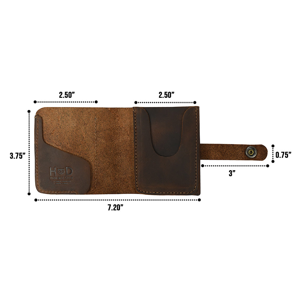 Dimensions and specifications of the Minimalist Bi-fold Wallet by Hide & Drink, crafted from Full Grain Leather. This wallet holds up to 5 cards plus flat bills and serves as an ideal everyday accessory. Designed with small batch production in mind, each wallet is hand cut and hand sewn, highlighting the artisan craftsmanship from La Antigua Guatemala & Oaxaca Mexico.