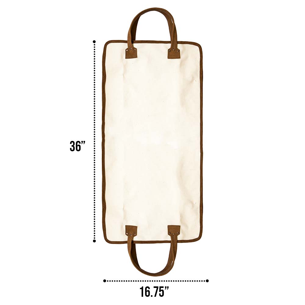 Hide & Drink Firewood Bag spread out, highlighting its spacious design with sturdy leather handles, perfect for carrying firewood effortlessly. Firewood Bag With Leather Liner, Full Grain Leather, StockyardX, Small Batch Production, Hand Cut, Hand Sewn, Fire Branded, Artisan, Handmade in La Antigua Guatemala & Oaxaca Mexico.