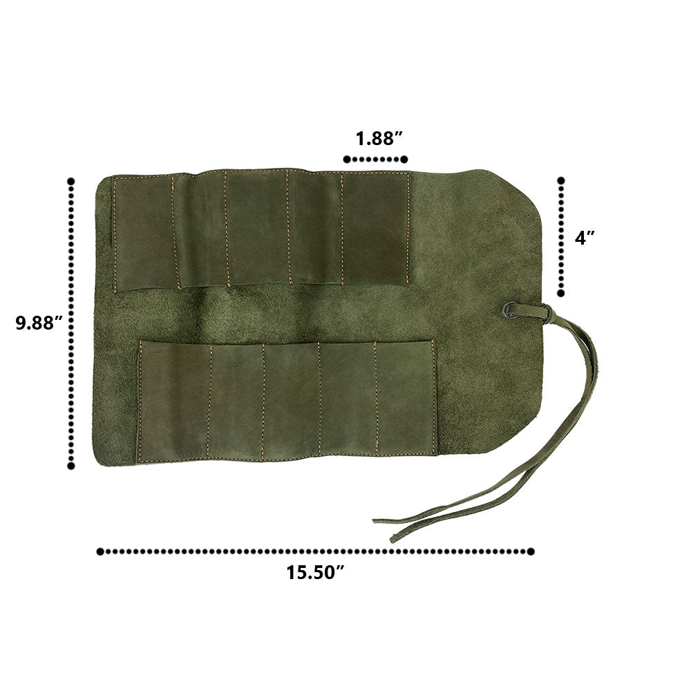 Hide & Drink Tool Roll features a versatile small tool roll-up bag with 10 slots, crafted from fine full grain leather. This portable carry-on pouch is essential for organizing woodworking tools and enhancing any workshop storage. Each piece is hand sewn and cut in La Antigua Guatemala & Oaxaca Mexico, celebrating artisan craftsmanship.