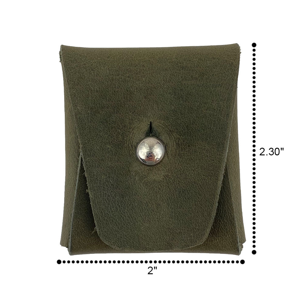 Dimensions of an olive green Minimalist Square Coin Pouch by Hide & Drink displayed on a measuring tape. Showcasing excellent craftsmanship, this full grain leather pouch is ideal for organizing various small items with style. Minimalist Coin Pouch, SD Card Holder, Wallet and Cash Organizer, Full Grain Leather, StockyardX, Small Batch Production, Hand Cut, Hand Sewn, Fire Branded, Artisan, Handmade in La Antigua Guatemala & Oaxaca Mexico.